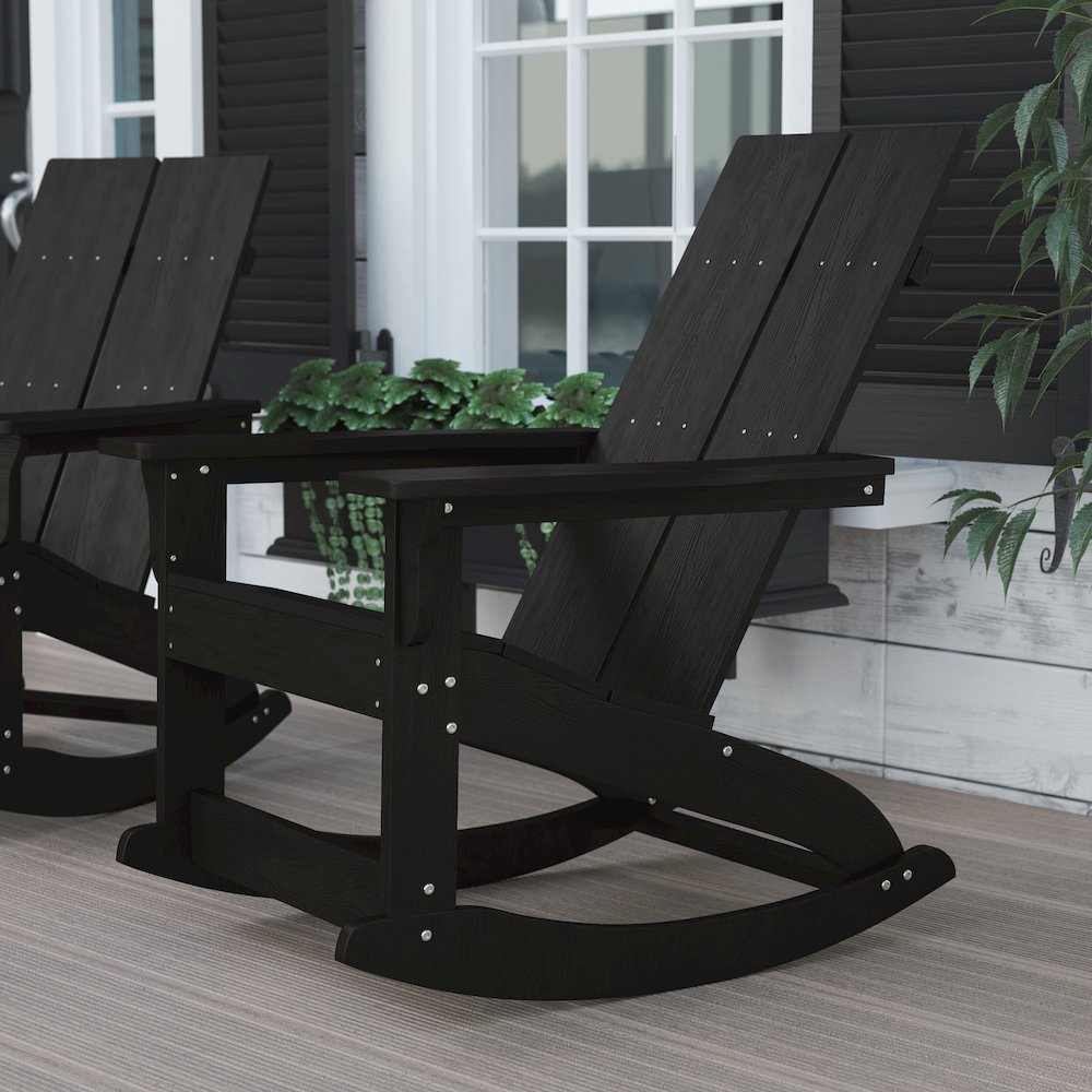 All-Weather 2-Slat Poly Resin Wood Rocking Adirondack Chair in Black