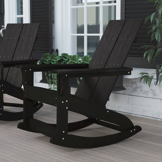 All-Weather 2-Slat Poly Resin Wood Rocking Adirondack Chair in Black