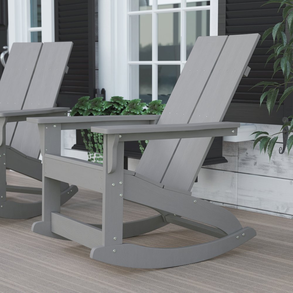 All-Weather 2-Slat Poly Resin Wood Rocking Adirondack Chair in Gray