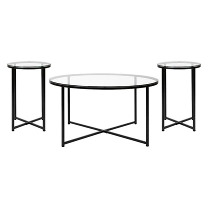 Coffee and End Table Set - Clear Glass Top with Matte Black Frame - 3 Piece