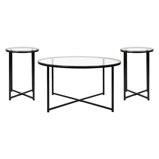 Coffee and End Table Set - Clear Glass Top with Matte Black Frame - 3 Piece