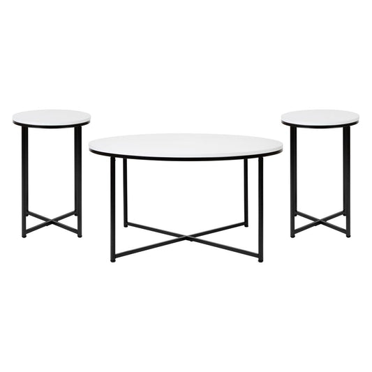Coffee and End Table Set - White Top with Matte Black Frame, 3 Piece