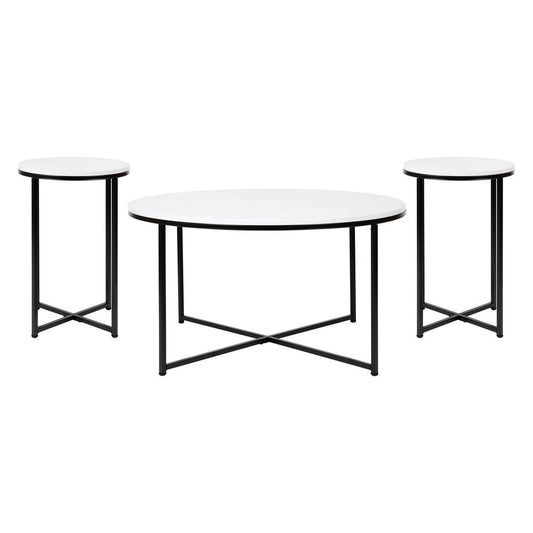 Coffee and End Table Set - White Marbled Top, Matte Black Frame, 3 Piece