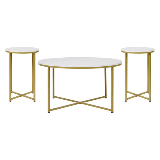 Coffee and End Table Set - White Marbled Top, Brushed Gold Frame, 3 Piece