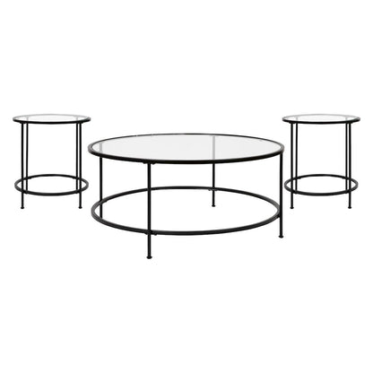 Coffee and End Table Set - Clear Glass Top with Matte Black Frame - 3 Piece