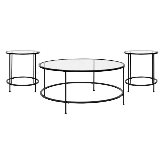 Coffee and End Table Set - Clear Glass Top with Matte Black Frame - 3 Piece