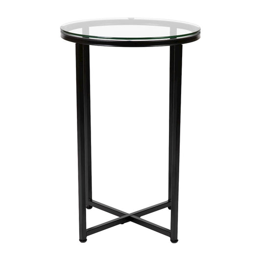 End Table - Modern Clear Glass Accent Table with Crisscross Matte Black Frame