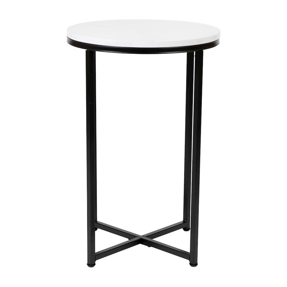 End Table - White Marble Finish Accent Table with Crisscross Matte Black Frame
