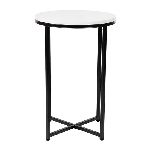 End Table - White Marble Finish Accent Table with Crisscross Matte Black Frame