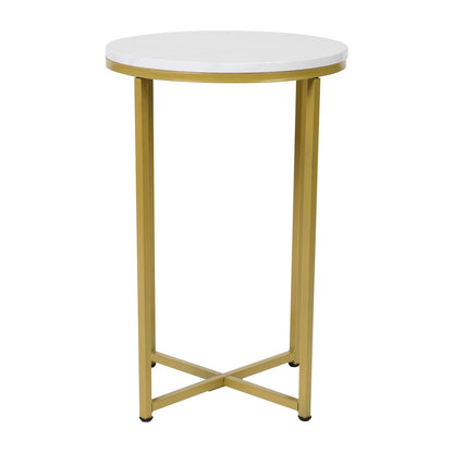 End Table - White Marble Finish Accent Table with Crisscross Brushed Gold Frame