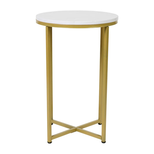 End Table - White Marble Finish Accent Table with Crisscross Brushed Gold Frame