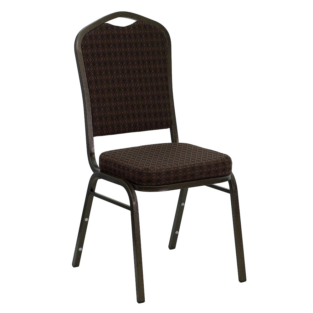 Crown Back Stacking Banquet Chair in Brown Patterned Fabric - Gold Vein Frame