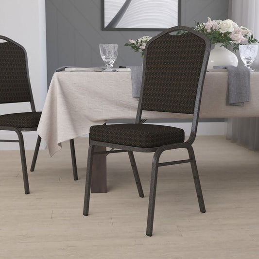 Crown Back Stacking Banquet Chair in Brown Patterned Fabric - Gold Vein Frame