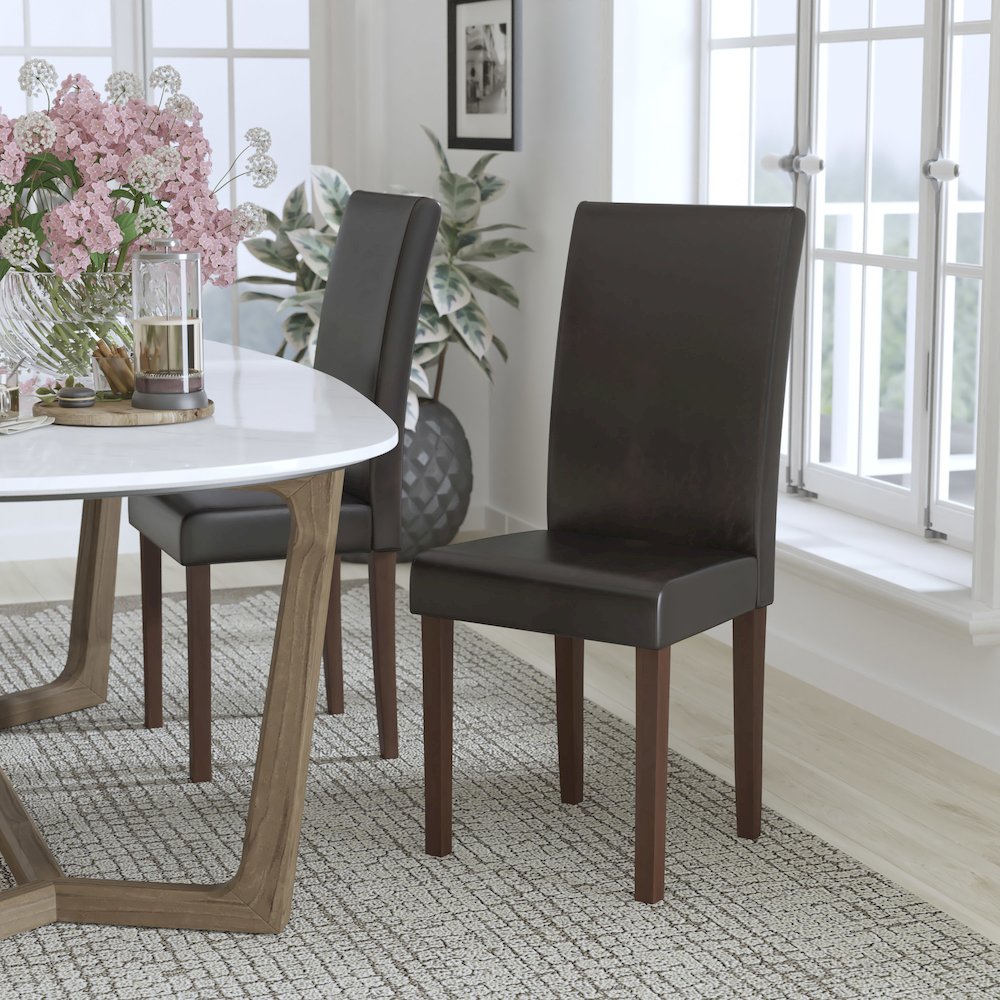 Brown LeatherSoft Upholstered Panel Back Mid-Century Parsons Dining Chair