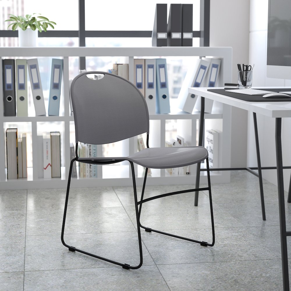 880 lb. Capacity Gray Ultra-Compact Stack Chair with Black Powder Coated Frame