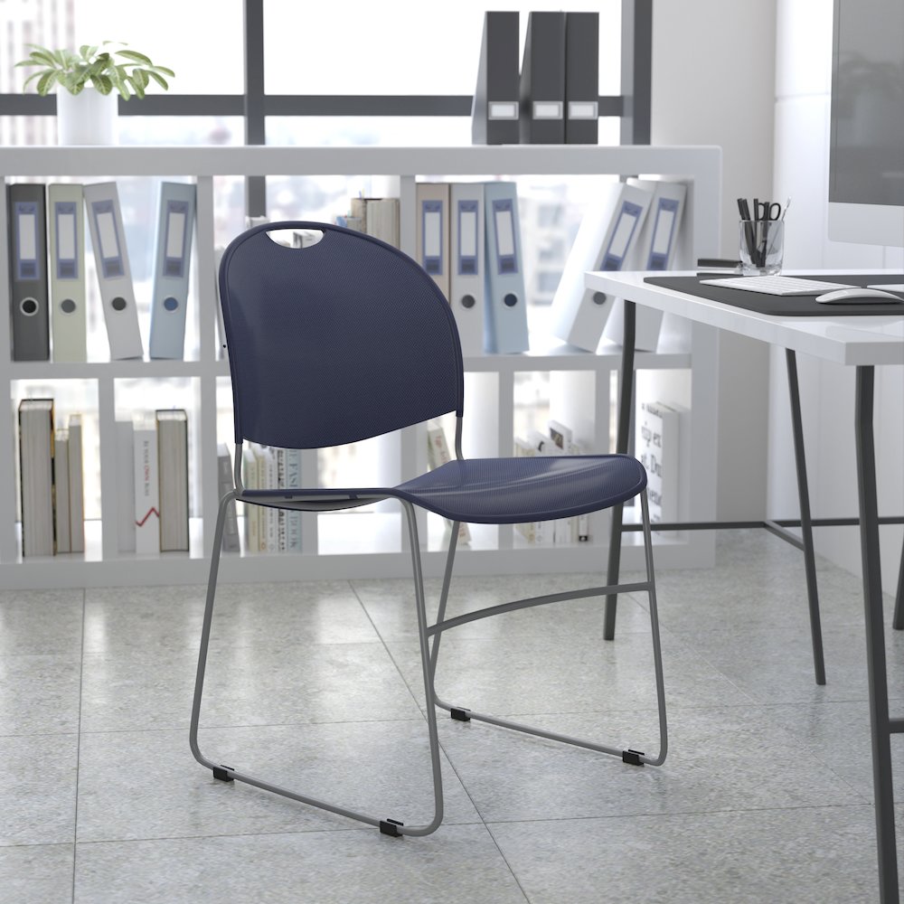 880 lb. Capacity Navy Ultra-Compact Stack Chair with Silver Powder Coated Frame