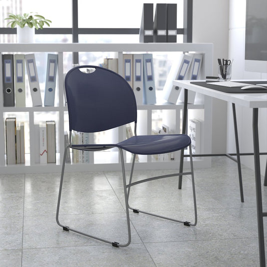 880 lb. Capacity Navy Ultra-Compact Stack Chair with Silver Powder Coated Frame