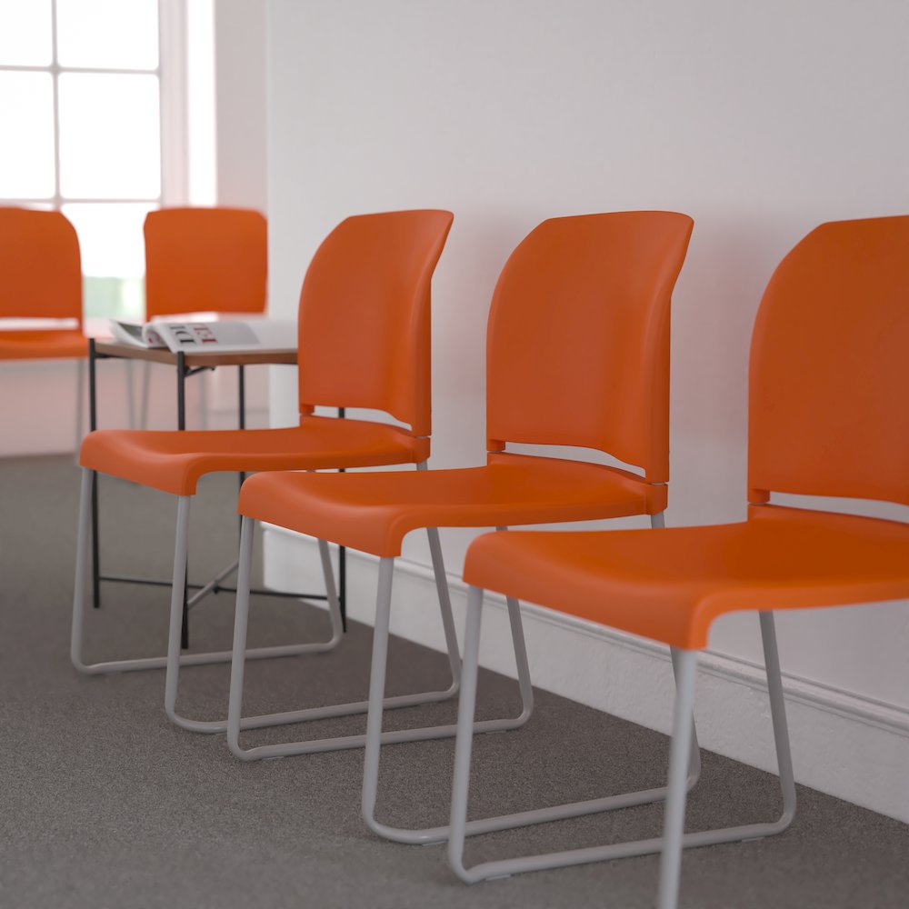 Orange Full Back Contoured Stack Chair with Gray Powder Coated Sled Base