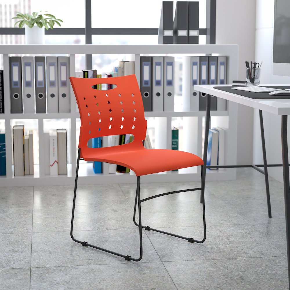 881 lb. Capacity Orange Sled Base Stack Chair with Air-Vent Back