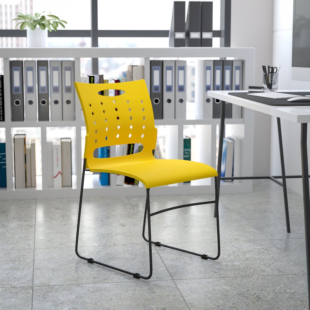 881 lb. Capacity Yellow Sled Base Stack Chair with Air-Vent Back