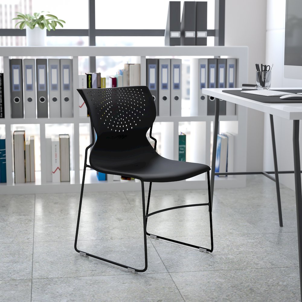 661 lb. Capacity Black Full Back Stack Chair with Black Powder Coated Frame