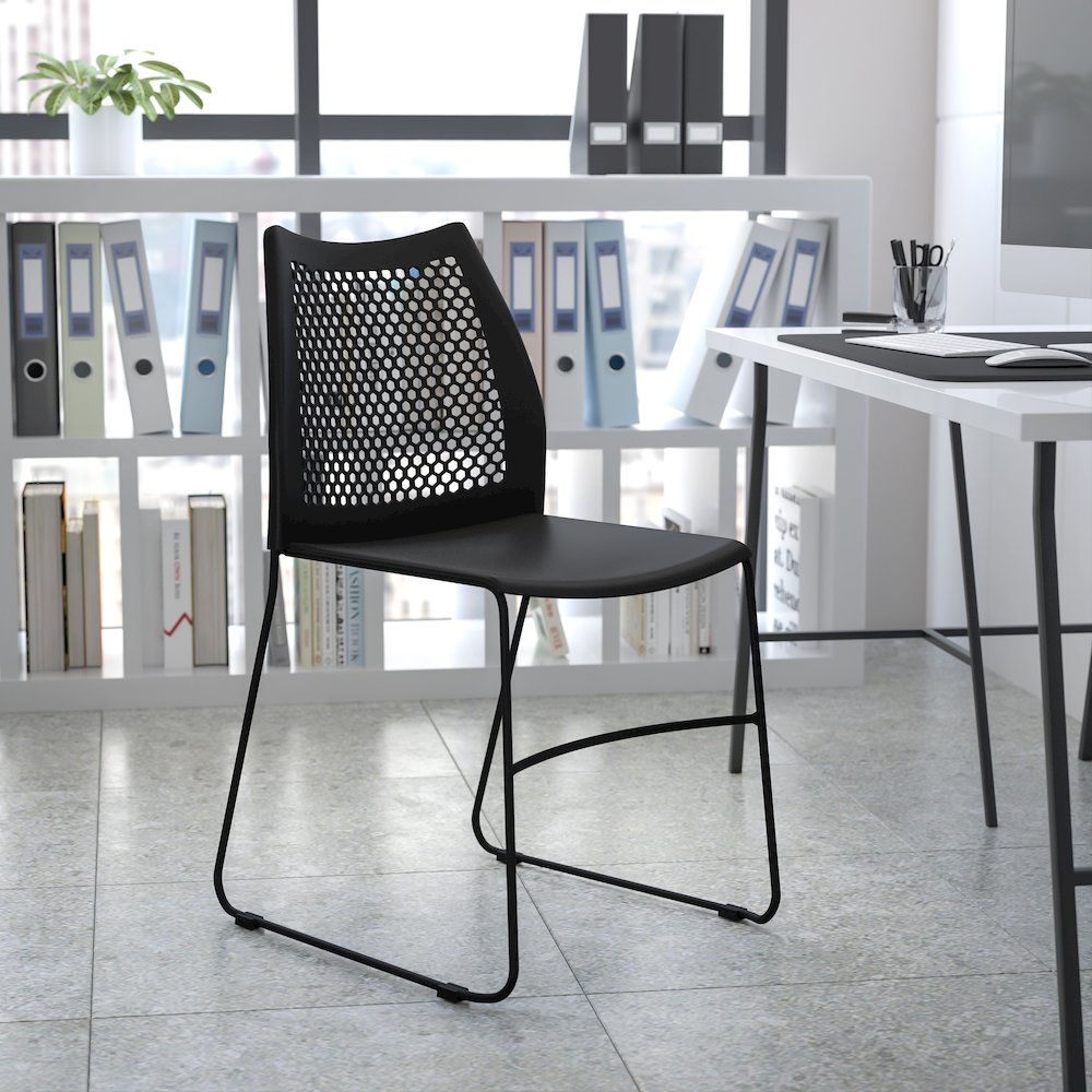 Black Stack Chair with Air-Vent Back and Black Powder Coated Sled Base