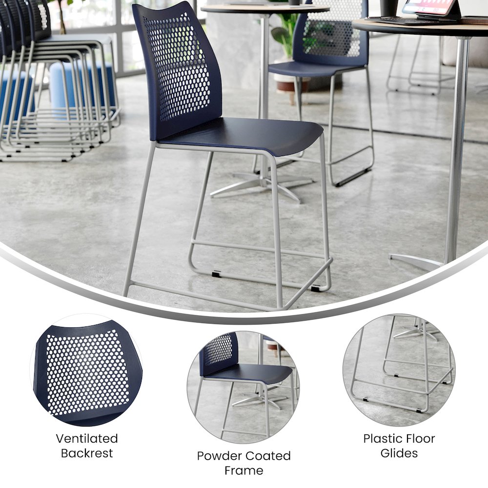 Navy Stack Counter Stool with Air-Vent Back and Gray Powder Coated Sled Base
