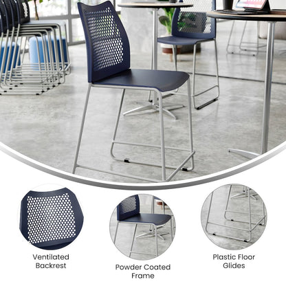 Navy Stack Counter Stool with Air-Vent Back and Gray Powder Coated Sled Base