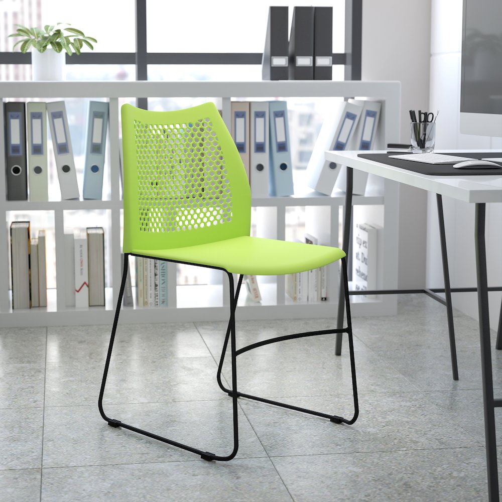 Green Stack Chair with Air-Vent Back and Gray Powder Coated Sled Base