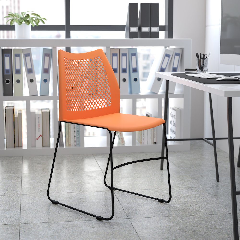 Orange Stack Chair with Air-Vent Back and Black Powder Coated Sled Base