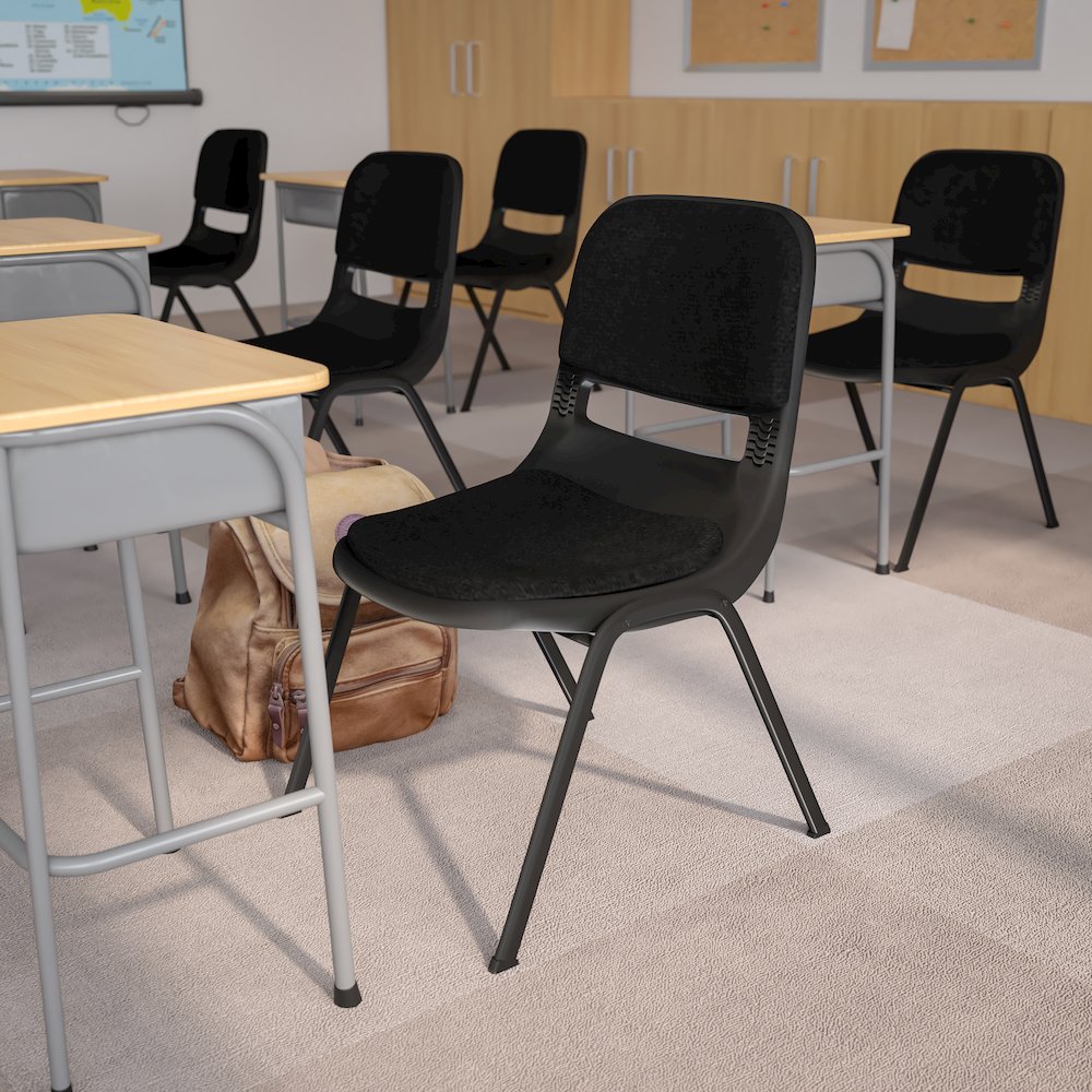 880 lb. Capacity Black Padded Ergonomic Shell Stack Chair with Black Frame
