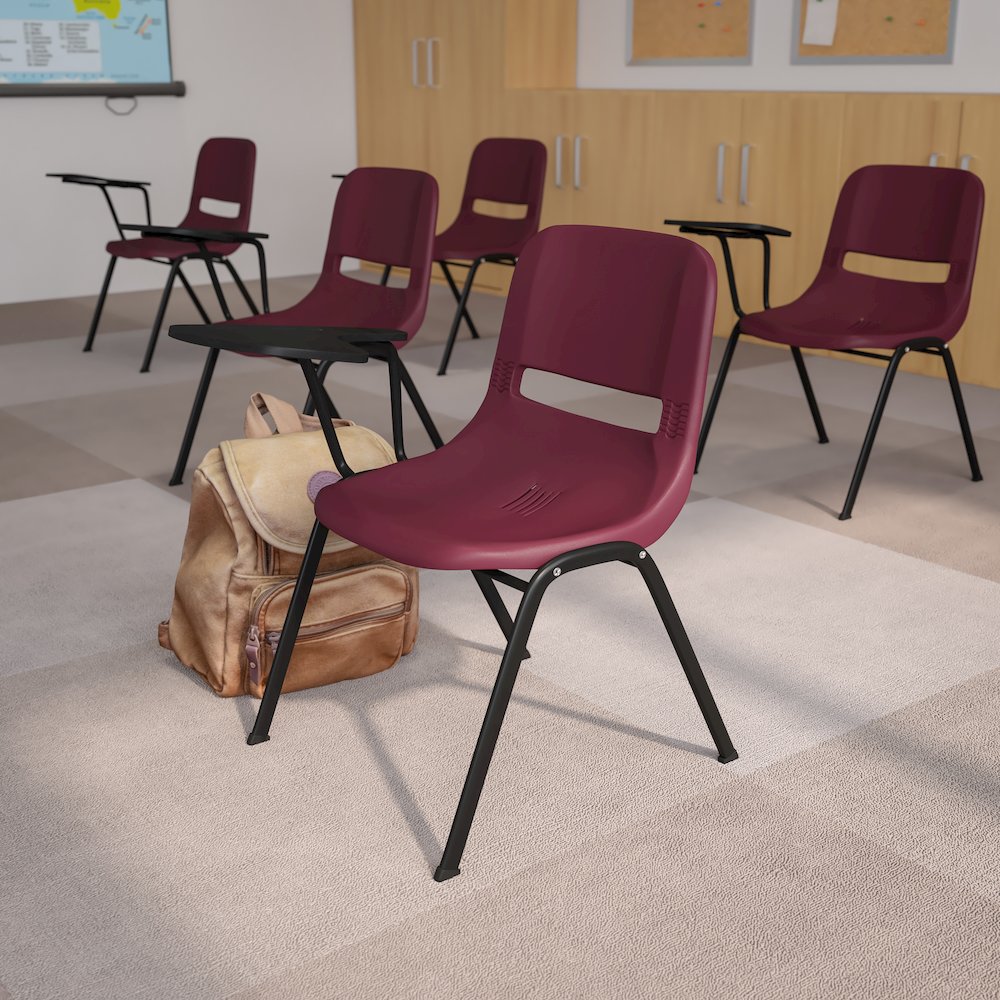 Burgundy Ergonomic Shell Chair with Right Handed Flip-Up Tablet Arm