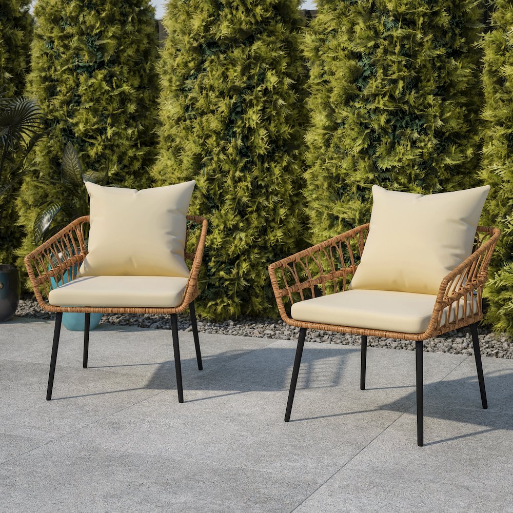 Set of 2 Boho Rope Rattan Wicker Patio Chairs with Cream Cushions, Natural