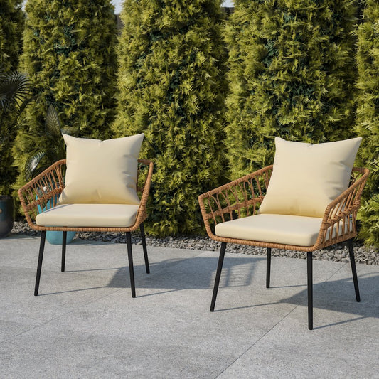 Set of 2 Boho Rope Rattan Wicker Patio Chairs with Cream Cushions, Natural