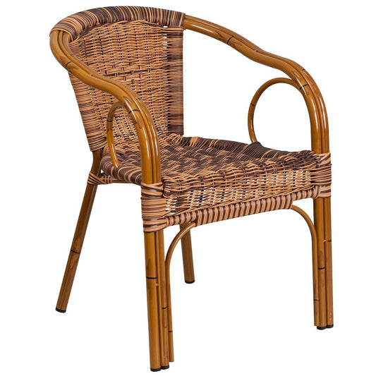 Burning Brown Rattan Restaurant Patio Chair with Dark Red Bamboo-Aluminum Frame