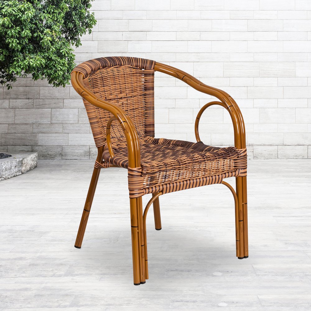 Burning Brown Rattan Restaurant Patio Chair with Dark Red Bamboo-Aluminum Frame