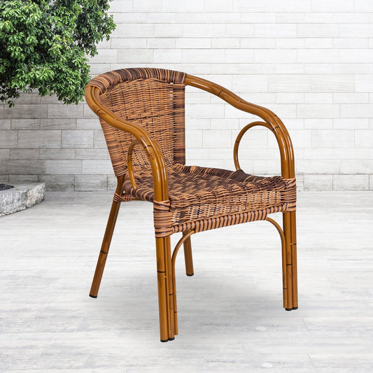 Burning Brown Rattan Restaurant Patio Chair with Dark Red Bamboo-Aluminum Frame