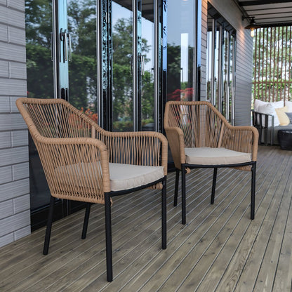 Set of 2 All-Weather Natural Woven Stacking Club Chairs