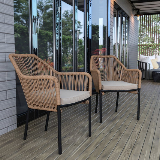 Set of 2 All-Weather Natural Woven Stacking Club Chairs
