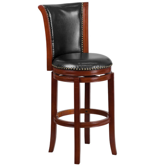 30'' High Dark Chestnut Wood Barstool with Panel Back and Black Swivel Seat