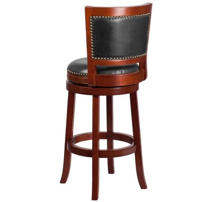 30'' High Dark Cherry Wood Barstool with Open Panel Back and Walnut Swivel Seat