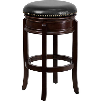 29'' High Cappuccino Wood Barstool with Carved Apron and Black Swivel Seat