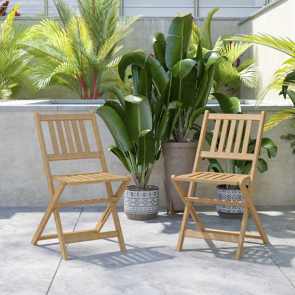 Folding Acacia Wood Patio Bistro Chairs, Set of 2