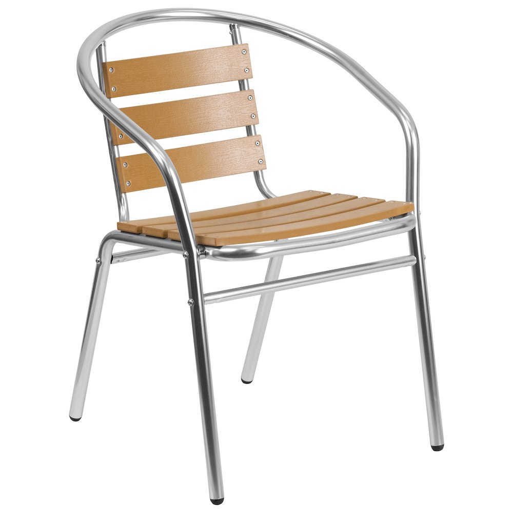 Aluminum Indoor-Outdoor Restaurant Stack Chair with Triple Slat Faux Teak Back