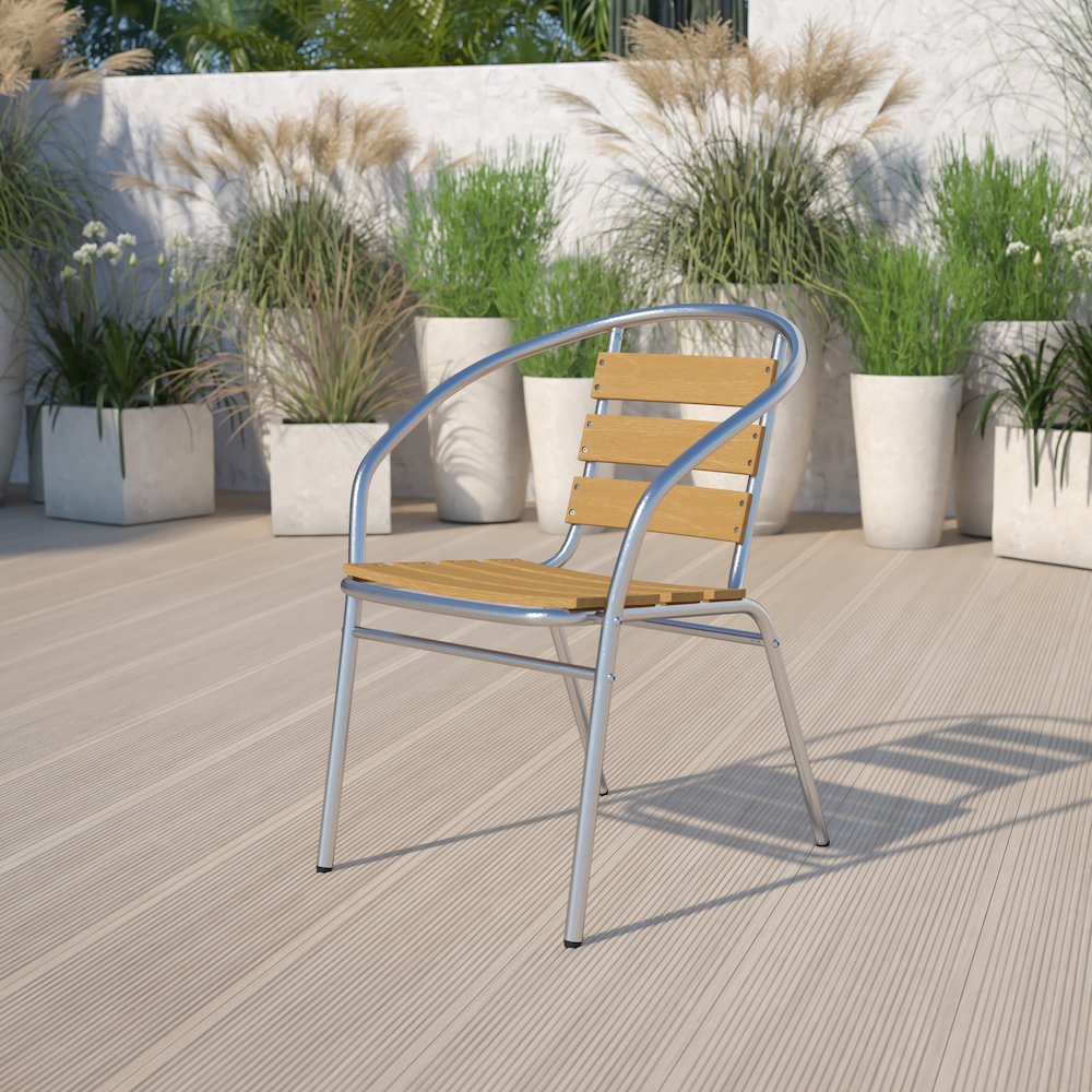 Aluminum Indoor-Outdoor Restaurant Stack Chair with Triple Slat Faux Teak Back