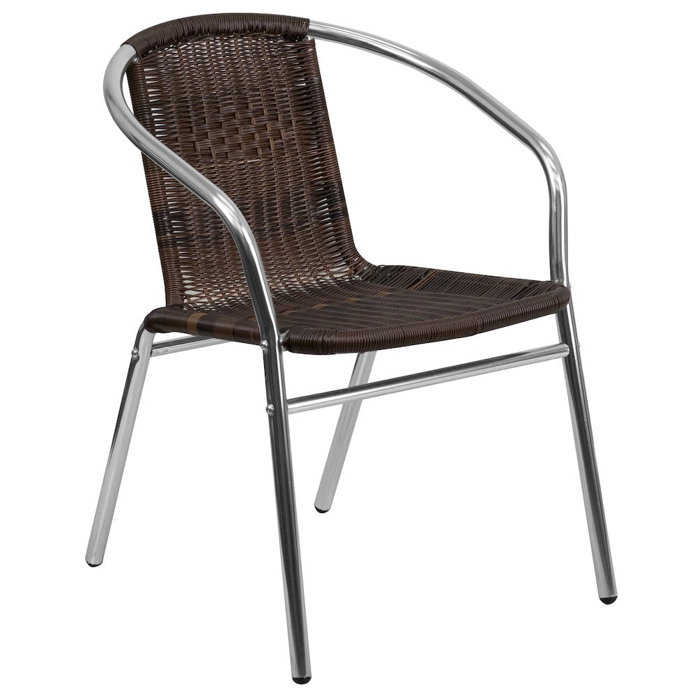 Aluminum and Dark Brown Rattan Indoor-Outdoor Restaurant Stack Chair