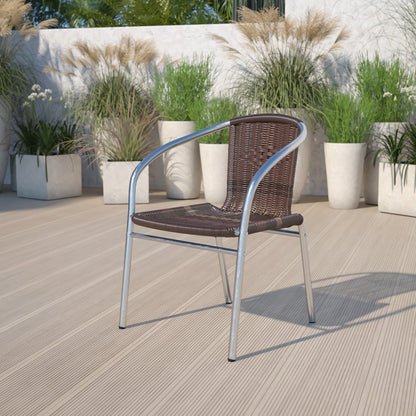 Aluminum and Dark Brown Rattan Indoor-Outdoor Restaurant Stack Chair