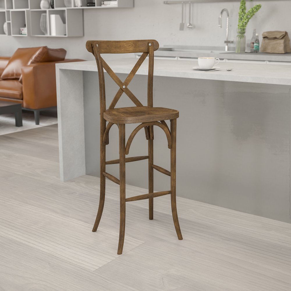 Dark Antique Wood Cross Back Barstool