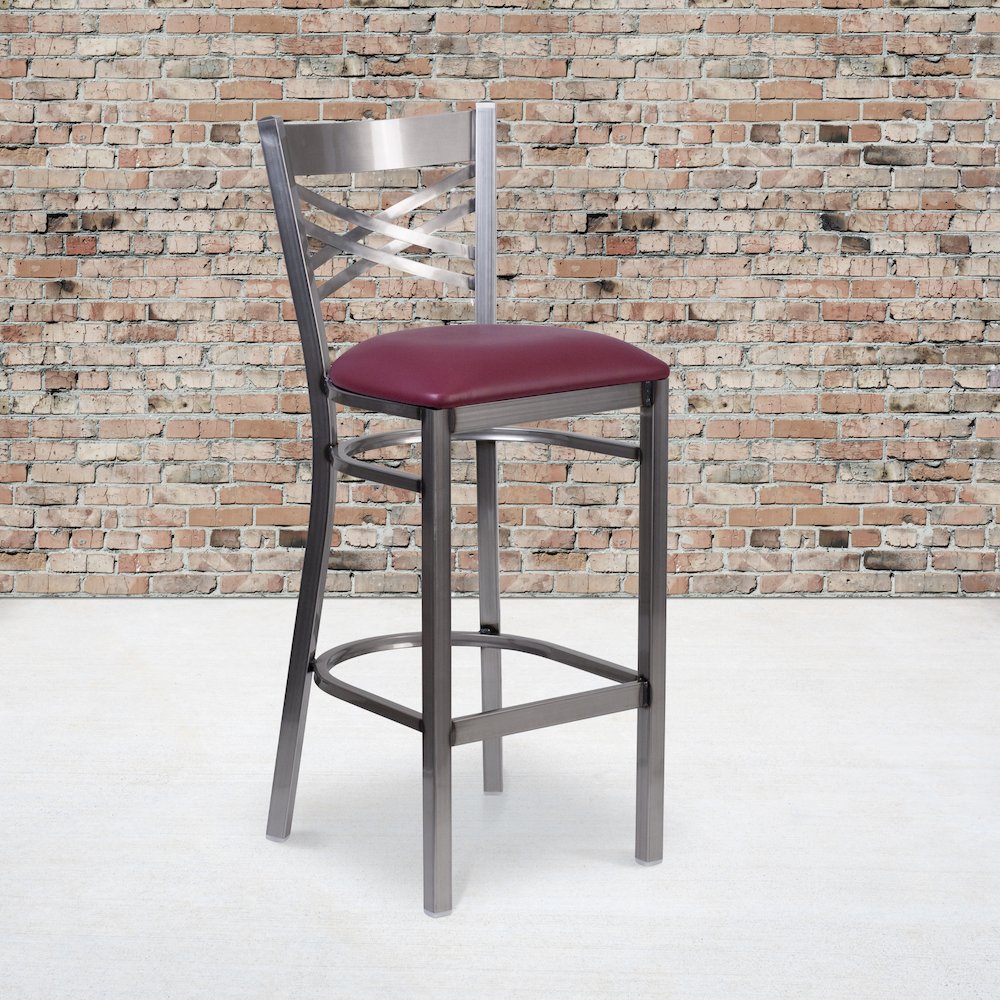 Clear Coated ''X'' Back Metal Restaurant Barstool - Burgundy Vinyl Seat