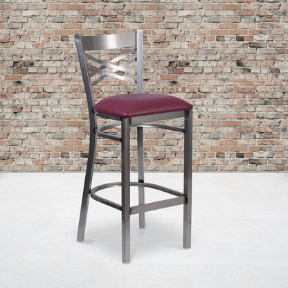 Clear Coated ''X'' Back Metal Restaurant Barstool - Burgundy Vinyl Seat